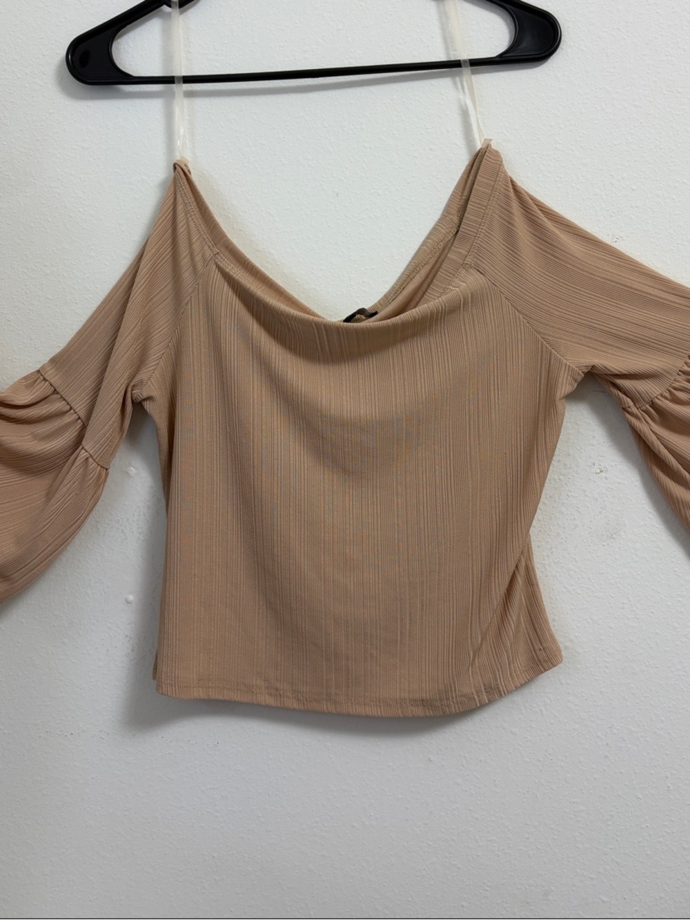 Ribbed Off-Shoulder Crop Top in Beige